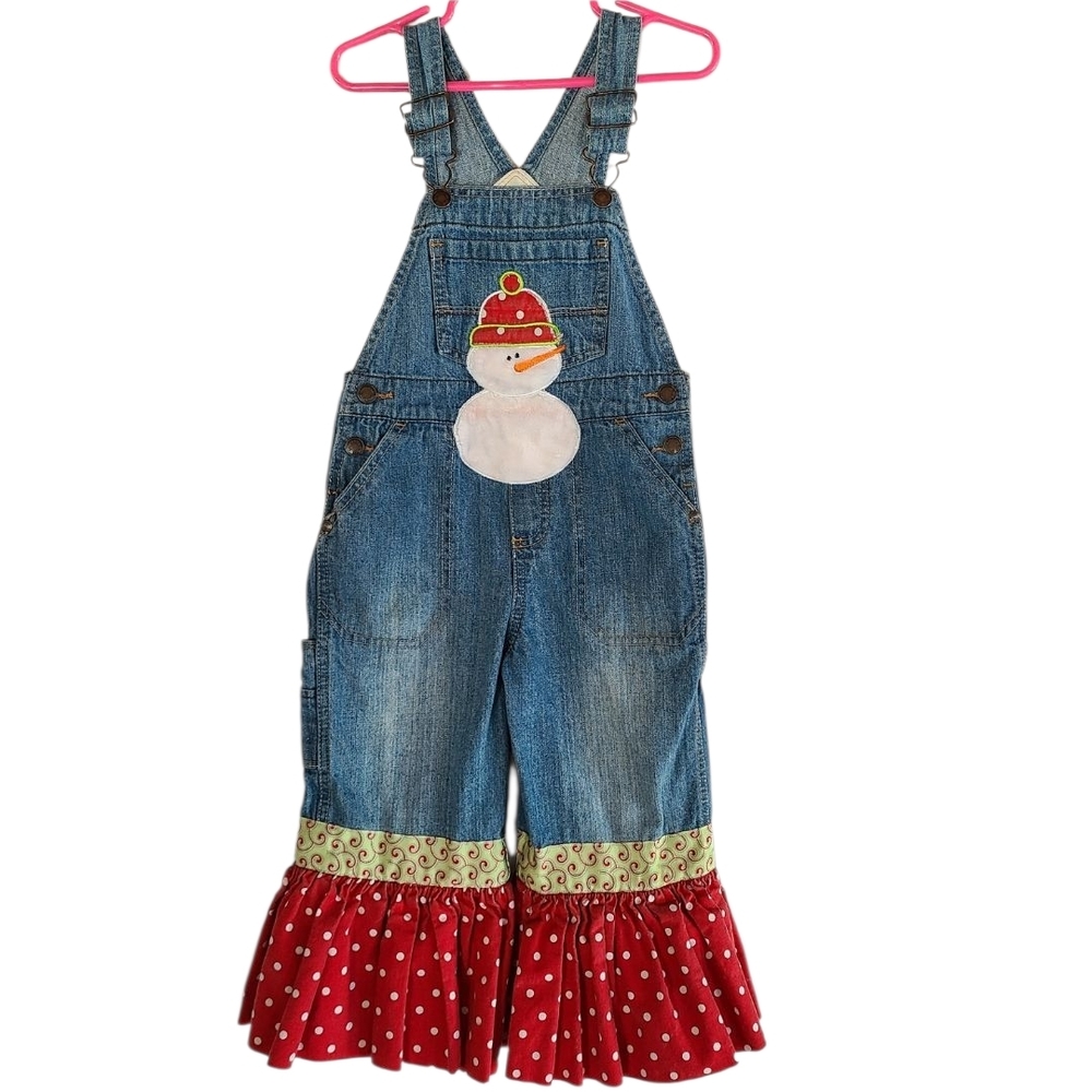 Genuine Kids OshKosh Snowman Denim Ruffle Overalls 3T